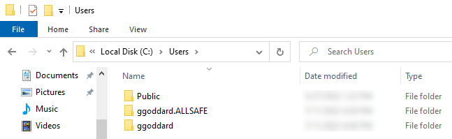 Screenshot of C:\Users folder with Public folder, ggoddard folder, and ggoddard.ALLSAFE folder