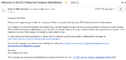 Screenshot of example EC2 Reserved Instance Marketplace seller confirmation email message