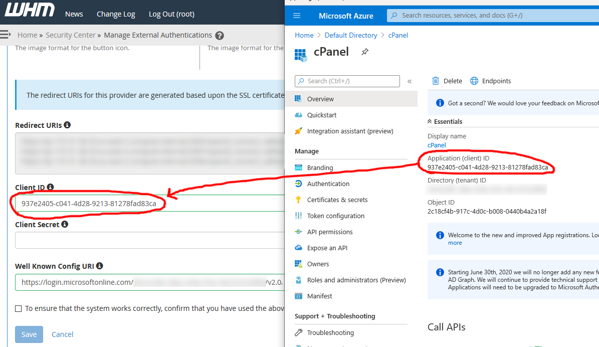 Screenshot of copying and pasting the OpenID Connect client ID from Azure AD into the cPanel WHM external authentication configuration screen