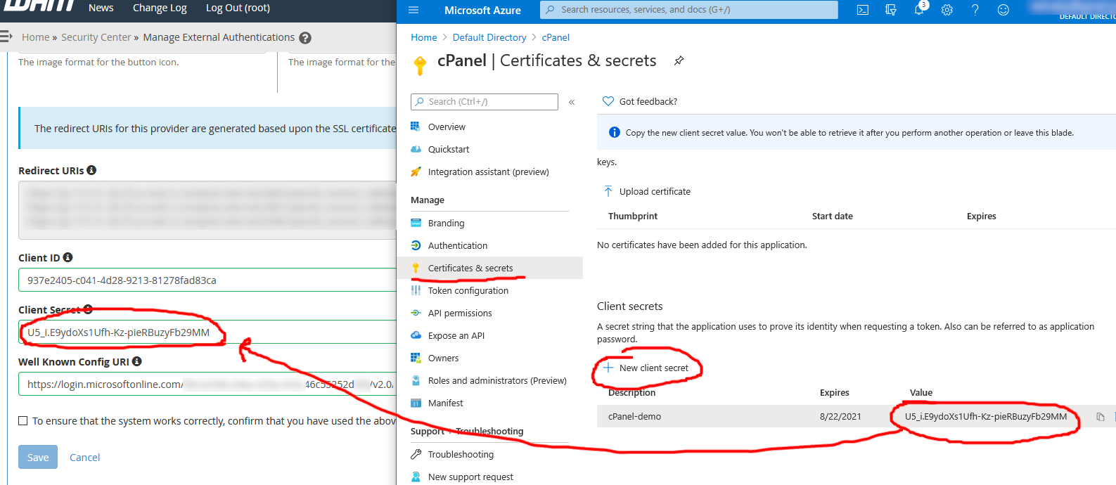 Screenshot of the client secret creation process in Azure Active Directory and pasting the value into Client Secret in WHM