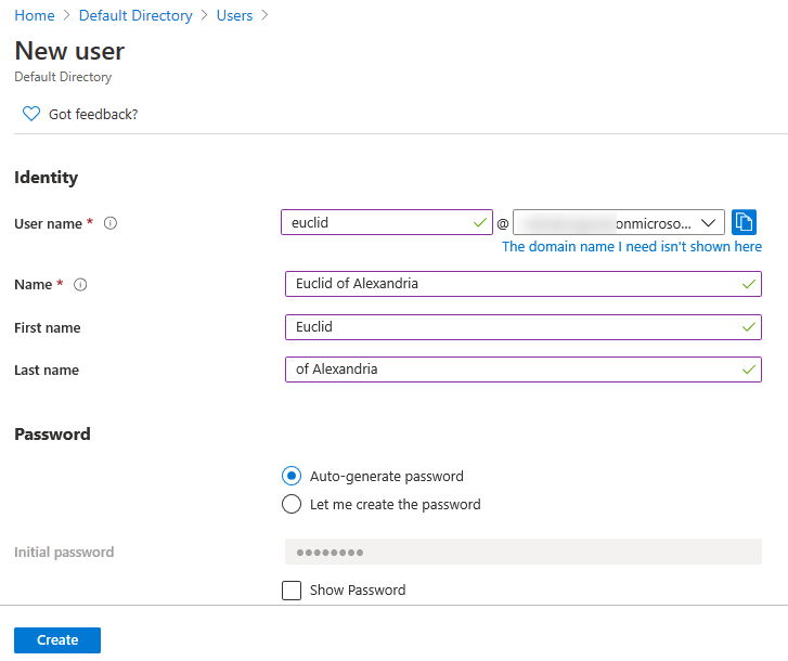 Screenshot of Azure AD user creation screen for “Euclid of Alexandria”
