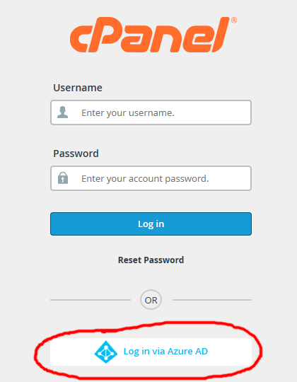 Screenshot of Azure Active Directory external authentication provider on cPanel login screen