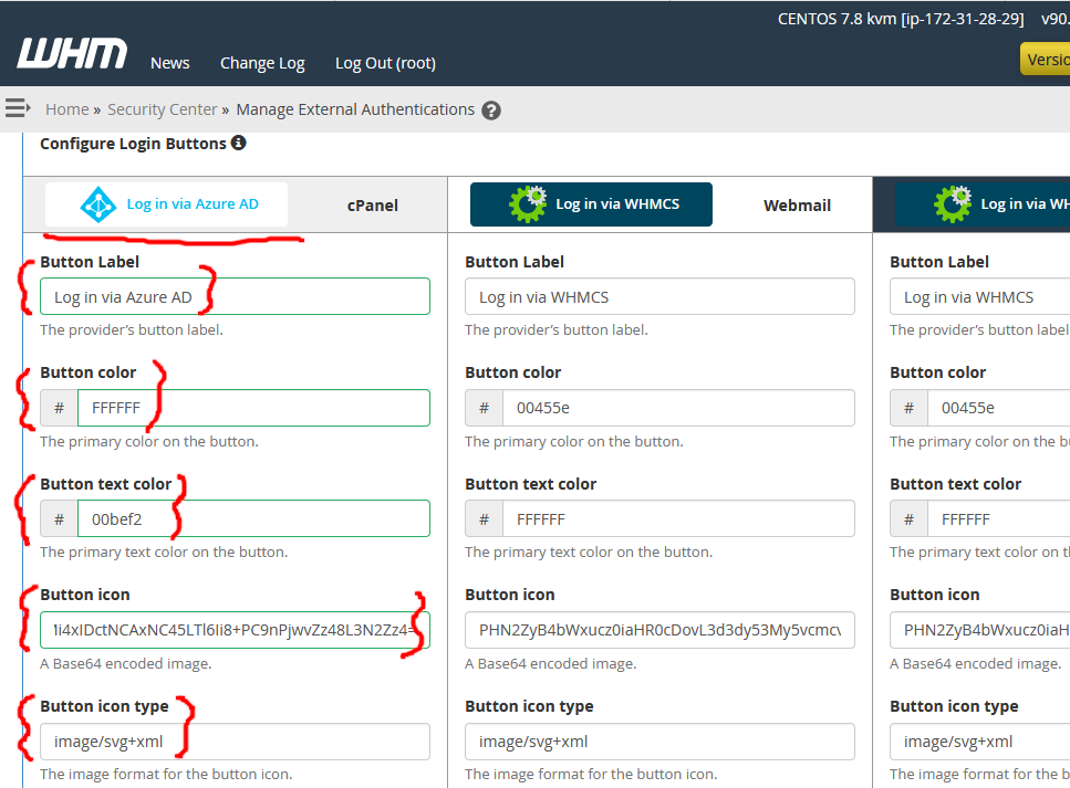 Screenshot of WHMCS external authentication button customizations for Azure AD