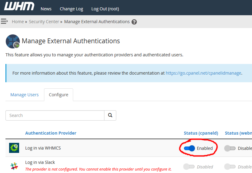Screenshot of enabling the WHMCS external authentication provider in WHM for cpaneld logins