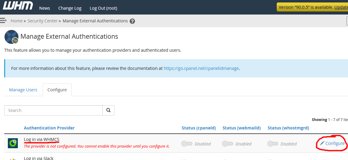 Screenshot of Manage External Authentications in WHM - WHMCS