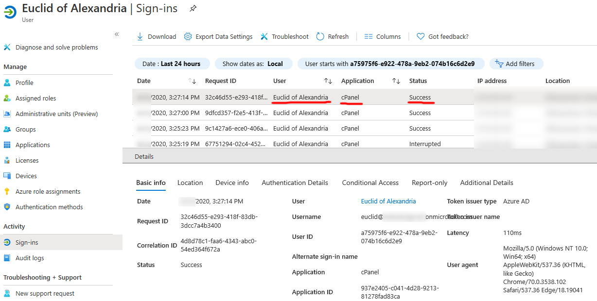 Screenshot of successful cPanel login via Azure AD in the Azure AD Sign-in log