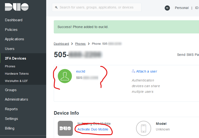 Activate Duo Push on the phone added for the “euclid” user
