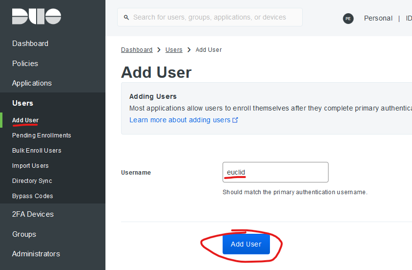 Adding a Duo user, matching Forum System’s LDAP server in the Duo Admin Console