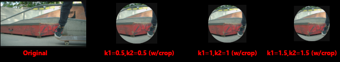 Progressively decreasing video size as the resulting video is cropped to its actual content with a circular mask for fisheye effect