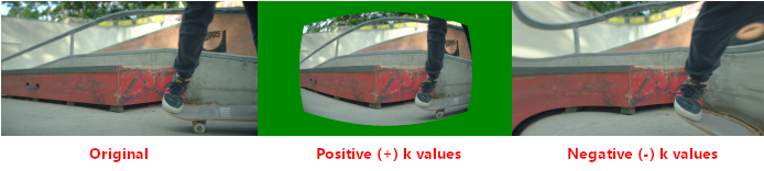 Examples of positive and negative k1 and k2 vaules for the lenscorrection filter and their results on the input video