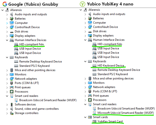 Side by side comparison of Device Manager highlighting the differences between the Gnubby and a YubiKey 4