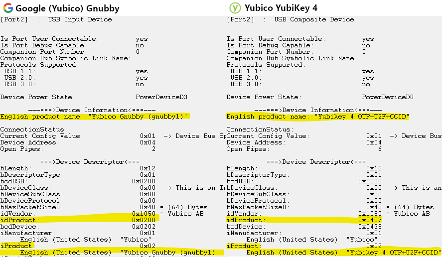 Side by side comparison of USBView highlighting the differences between the Gnubby and a YubiKey 4