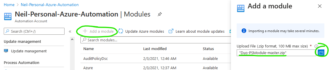 Screenshot of incorrect module import attempt using the Duo-PSModule-master.zip archive directly from GitHub