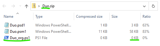 Screenshot of properly named zip archive/file with the 3 required files (2 for the module itself and a blank Duo_org.ps1) at its root