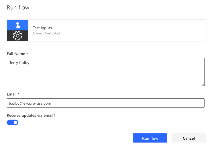Screenshot of flow run screen, including flow name, owner, and a custom “Full Name” input parameter the user must specify before clicking Run flow