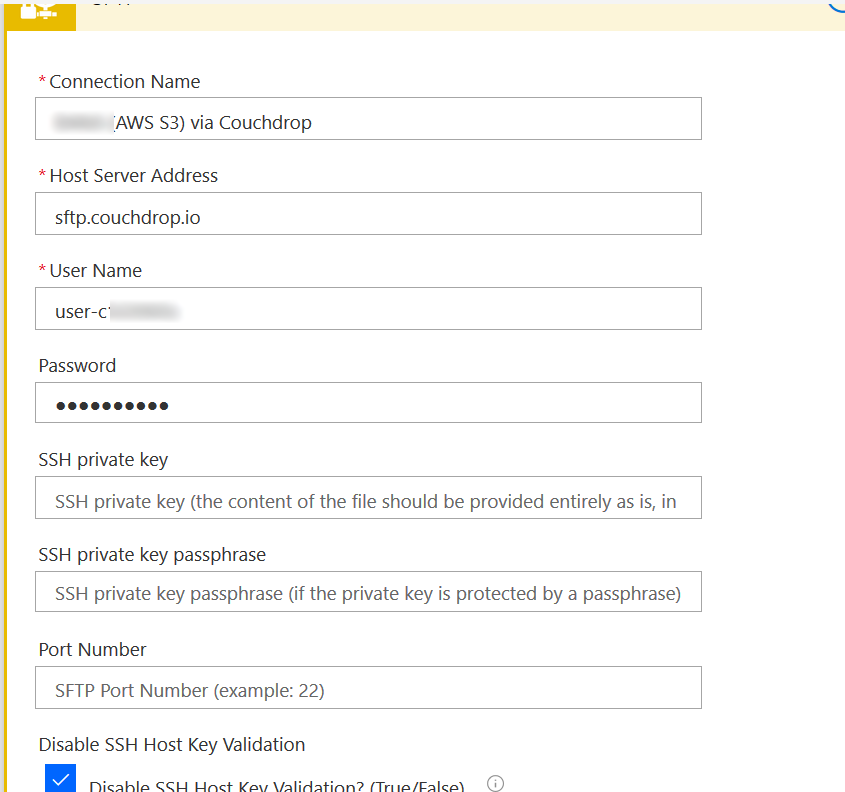 Microsoft Power Autoamte or Flow SFTP - SSH connector settings to access Couchdrop