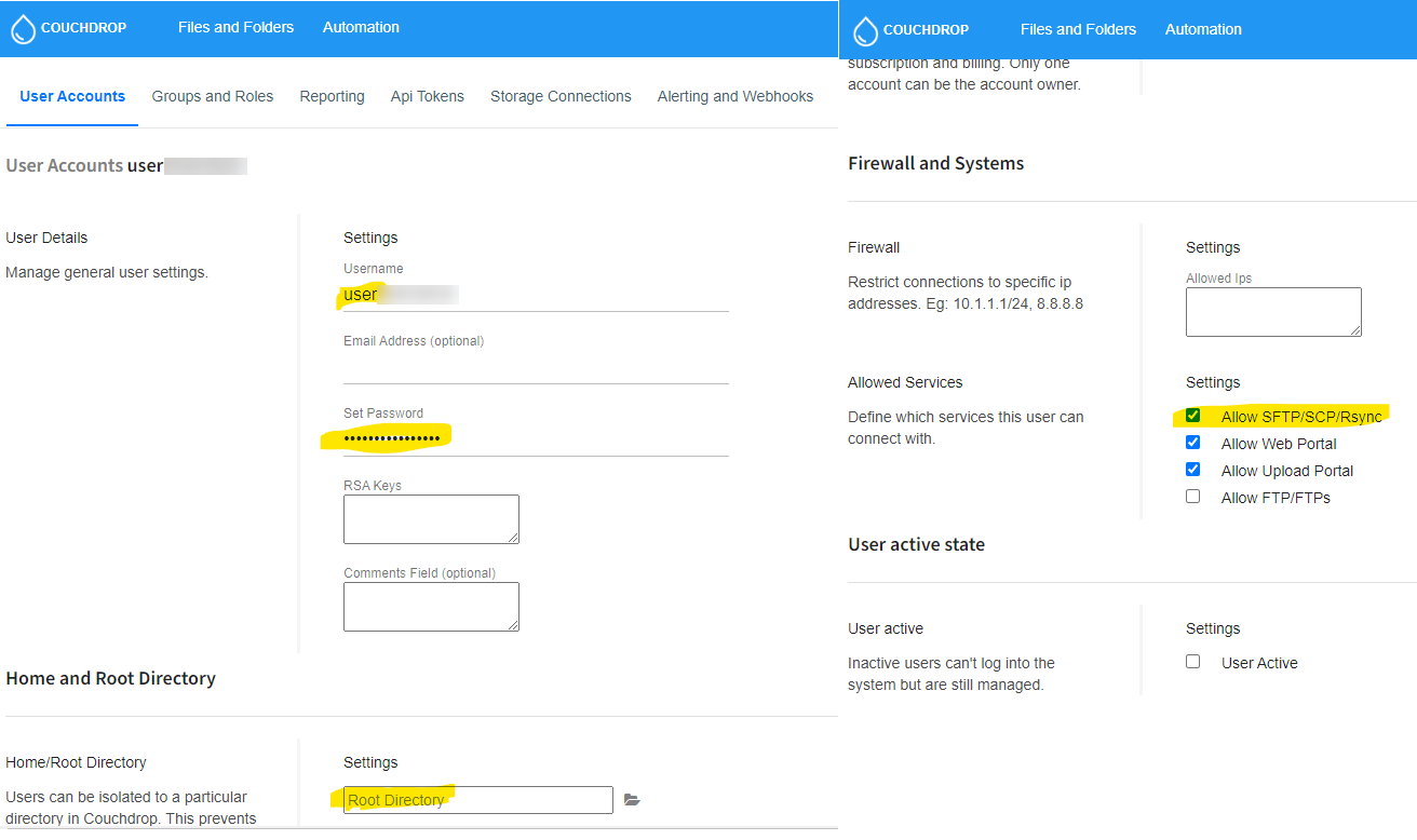 Couchdrop key or account settings for the SFTP interface