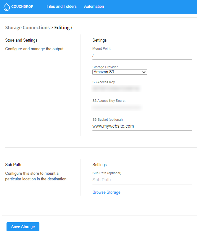 Couchdrop storage settings for Amazon S3 bucket connectivity