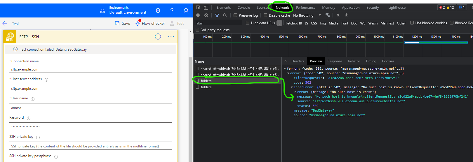 Screenshot of Google Chrome Developer Tools (F12) and Network tab containing failed PowerAutomate SFTP request and detailed error message