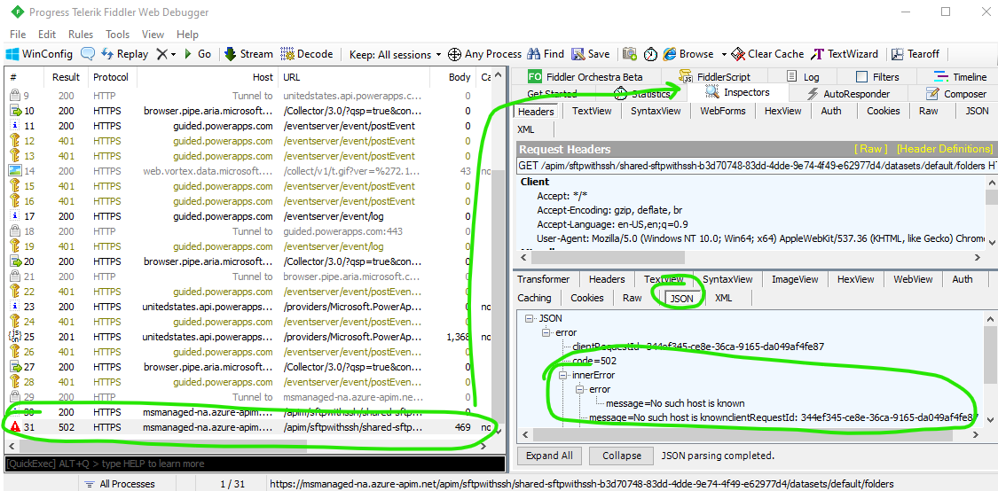 Screenshot of Fiddler trace containing failed PowerAutomate SFTP request and detailed error message under Inspectors -> JSON