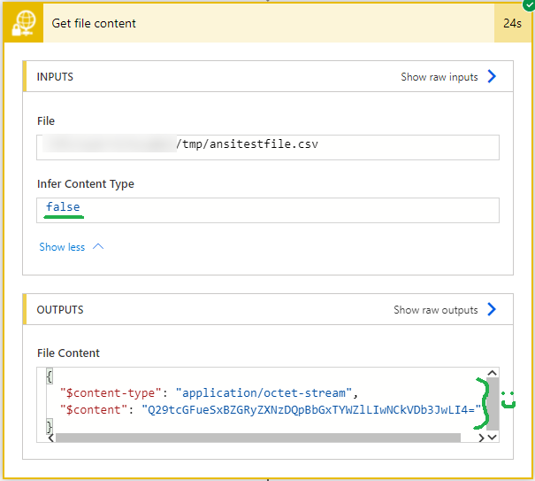 Screenshot of Power Automate SFTP Get file content action  with Infer Content Type set to No or false and resulting binary / base64 encoded file