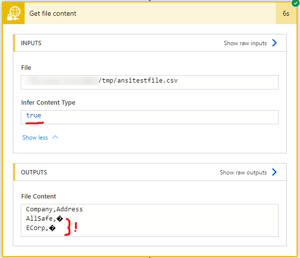 Screenshot of Power Automate SFTP Get file content action and garbled ANSI characters with Infer Content Type set to Yes or True