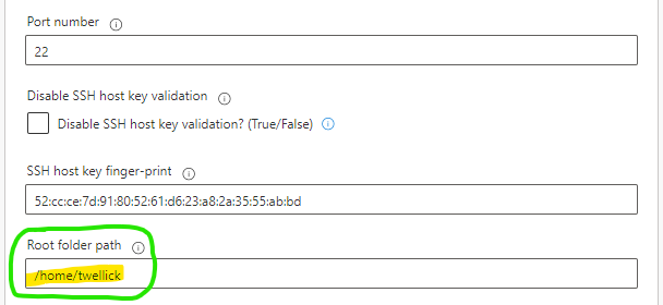 Screenshot of Power Automate SFTP connector setup with &ldquo;Root folder path&rdquo; specified