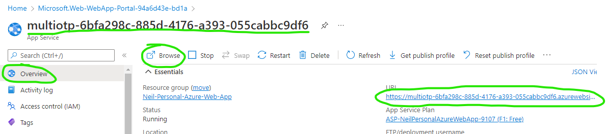 Screenshot of Azure AD App Service Overview screen with two methods to launch or browse the application URL