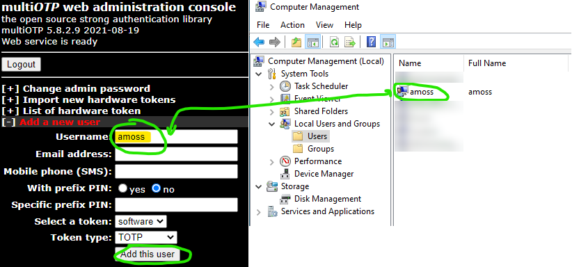 Screenshot of multiOTP server web interface and adding a test user “amoss” with default options selected