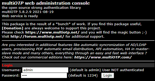 Screenshot of multiOTP server web interface login page