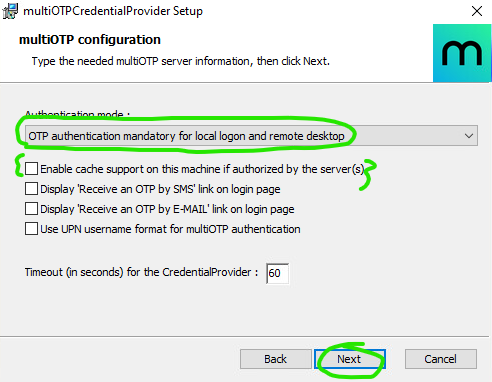 Screenshot of multiOTP credential provider configuration: specifically, setting the authentication mode according to your needs, I used mandatory MFA for both RDP and console login, and disabling local caching if desired