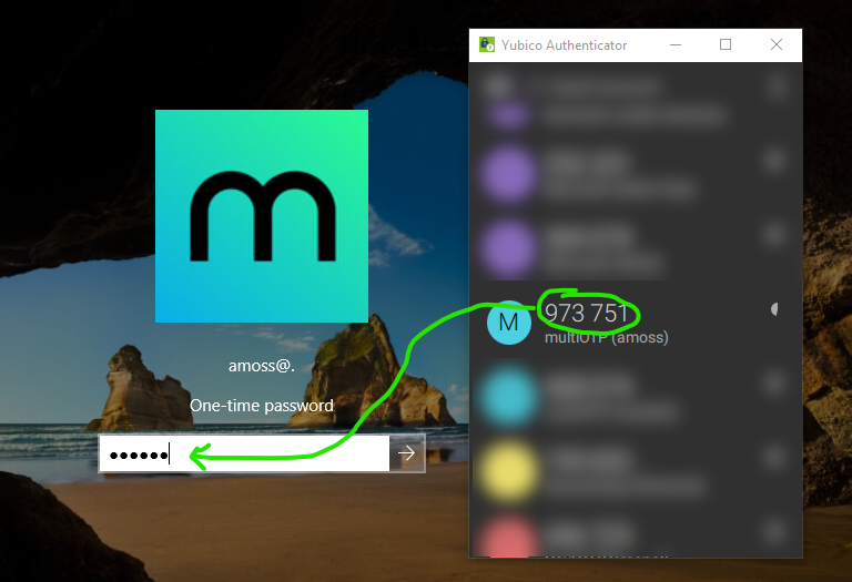 Screenshot of multiOTP credential provider for Windows login screen, with one-time passcode entered from authenticator app