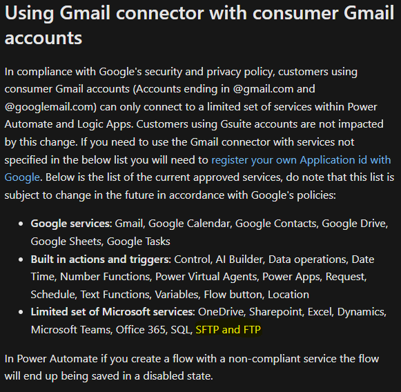 Screenshot of approved services list from the Known issues and limitations article for the Power Automate Gmail connector, circa November 2021 - FTP and SFTP are listed as &ldquo;approved&rdquo;