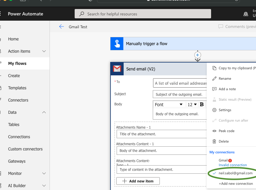 Screenshot of the Gmail connector added to a Power Automate flow using the bring your own application authentication method
