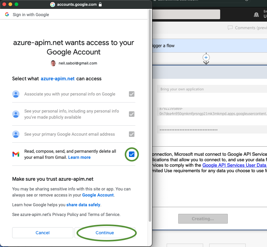 Screenshot of the Read, compose, send, and permanently delete all your email from Gmail scope being consented to as part of the Google login flow.