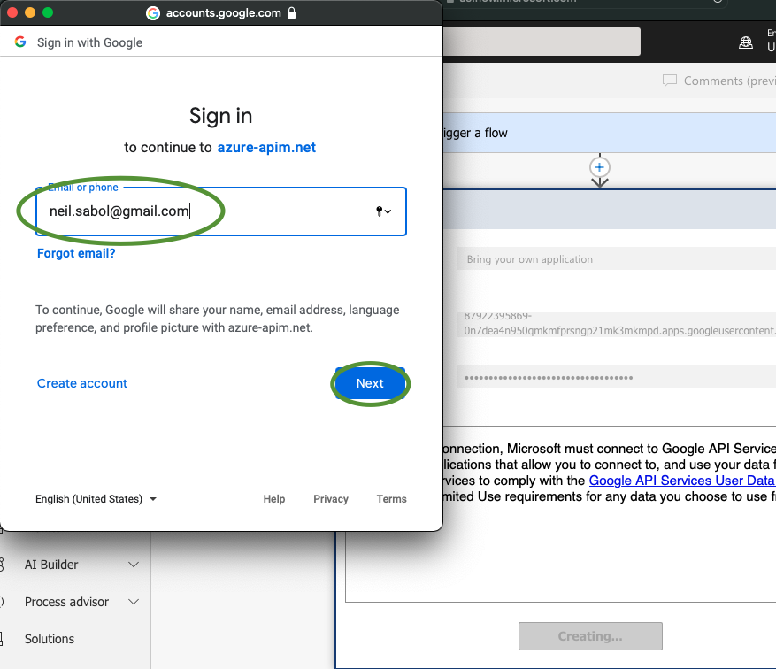 Screenshot of Google sign in screen that appears after Sign in is clicked during the Gmail connector configuration.