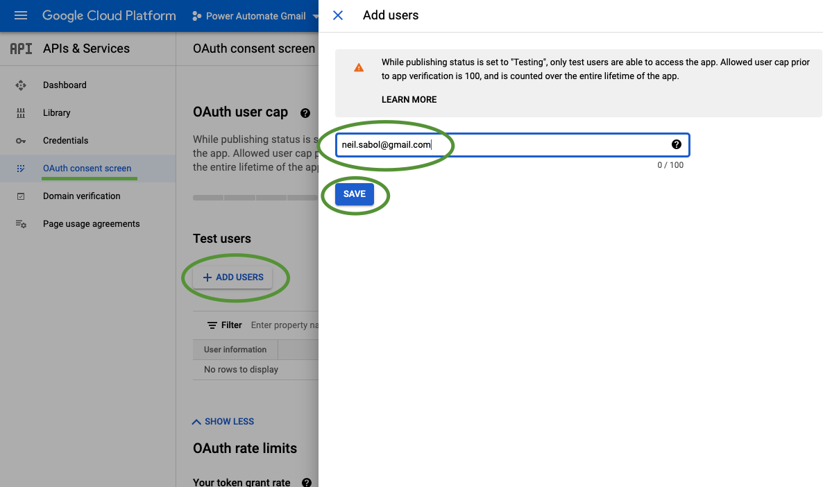Screenshot of the Add users panel of the OAuth consent screen page on the Gmail API screen in Google Cloud Platform APIs and Services Console. The Add users button is used to add Google users to the project or application.