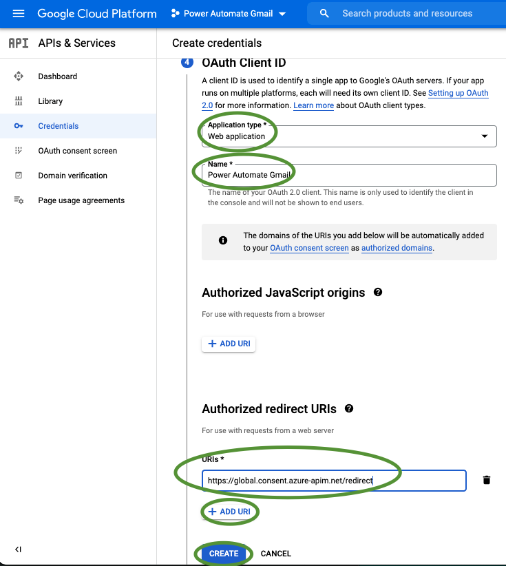 Screenshot of the OAuth Client ID options and selections on the Gmail API screen in Google Cloud Platform APIs and Services Console