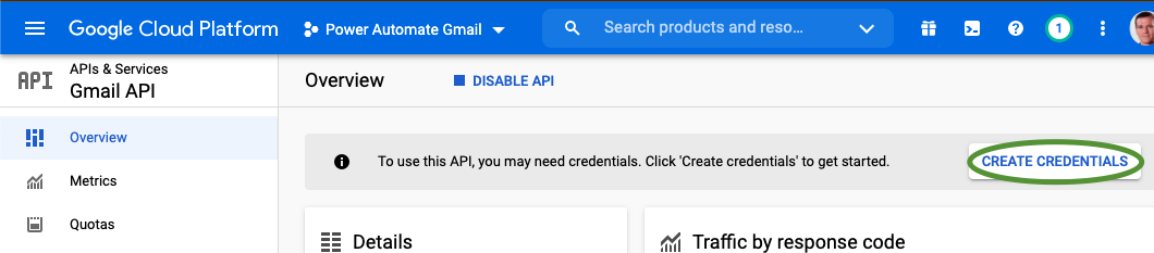 Screenshot of the Create Credentials button near the top right of the Gmail API screen in Google Cloud Platform APIs and Services Console