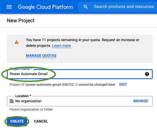 Screenshot of the initial project creation screen in Google Cloud Platform APIs and Services Console - name is a required field