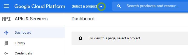 Screenshot of the “Select a project” drop down in Google Cloud Platform APIs and Services Console