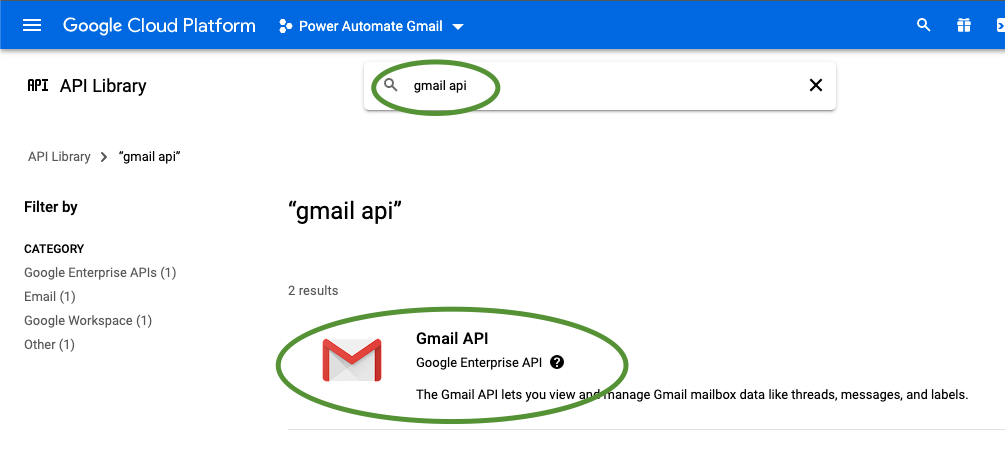 Screenshot of the API Library search screen with results for Gmail API in Google Cloud Platform APIs and Services Console
