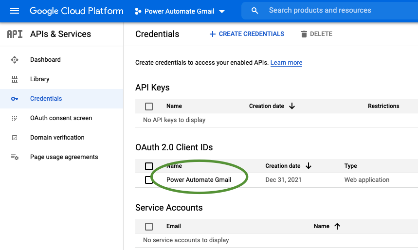 Screenshot of the Credentials list on the Gmail API screen in Google Cloud Platform APIs and Services Console. The OAuth 2.0 Client ID created previously appears in the list.