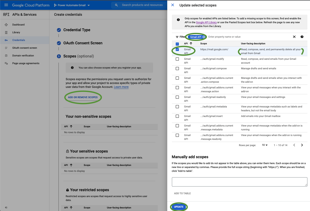 Screenshot of the Scope addition, searching, and selection screen on the Gmail API screen in Google Cloud Platform APIs and Services Console
