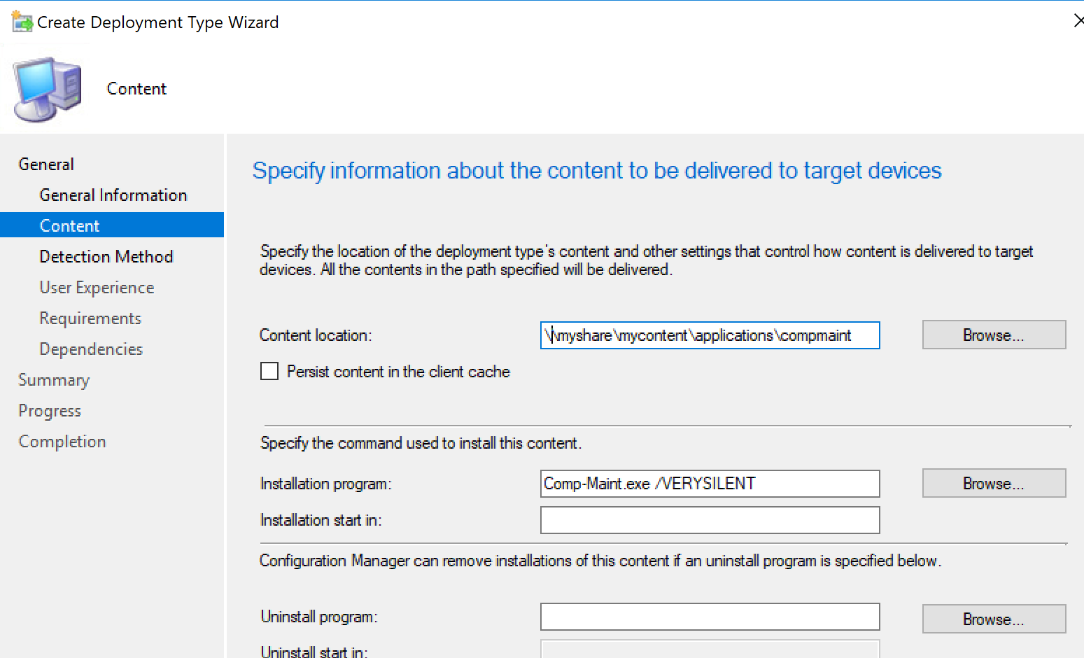 Content location and installation program in SCCM