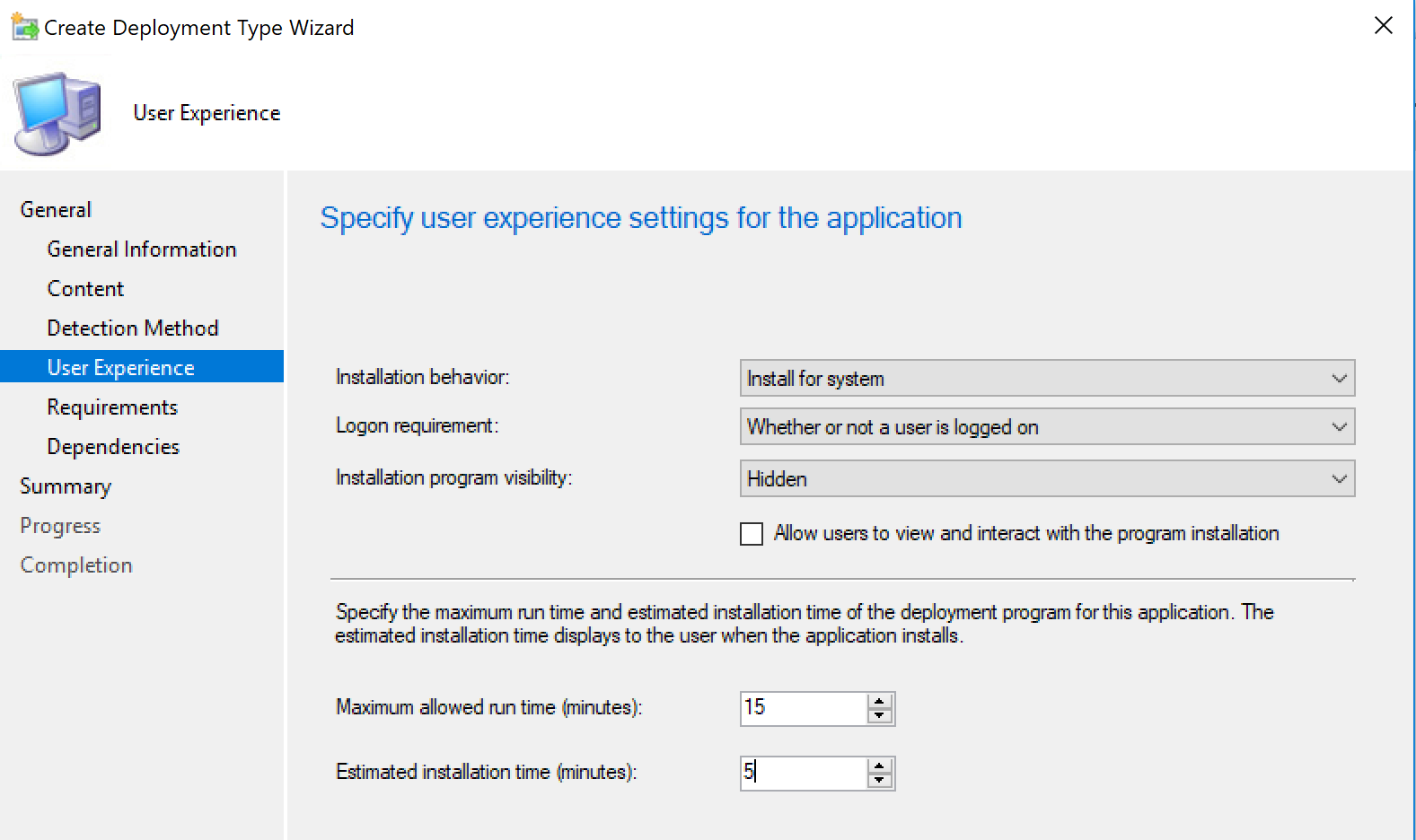 Example user experience settings for password reset application in SCCM