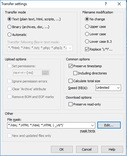 Transfer settings/advanced options